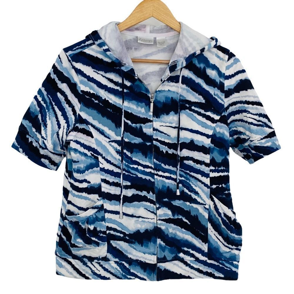 Chico’s Zenergy blue zebra print hooded shorts sleeve hoodie size medium